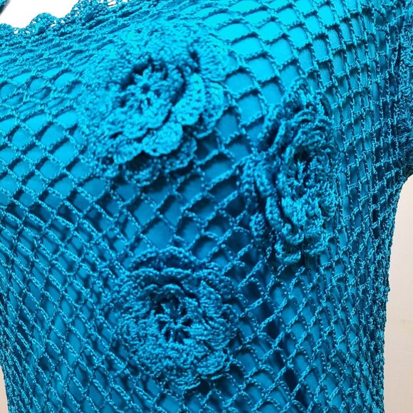 Y2K Crochet Top 3D Flowers Turquoise Blue Size M Boho Fairy - Picture 3 of 9
